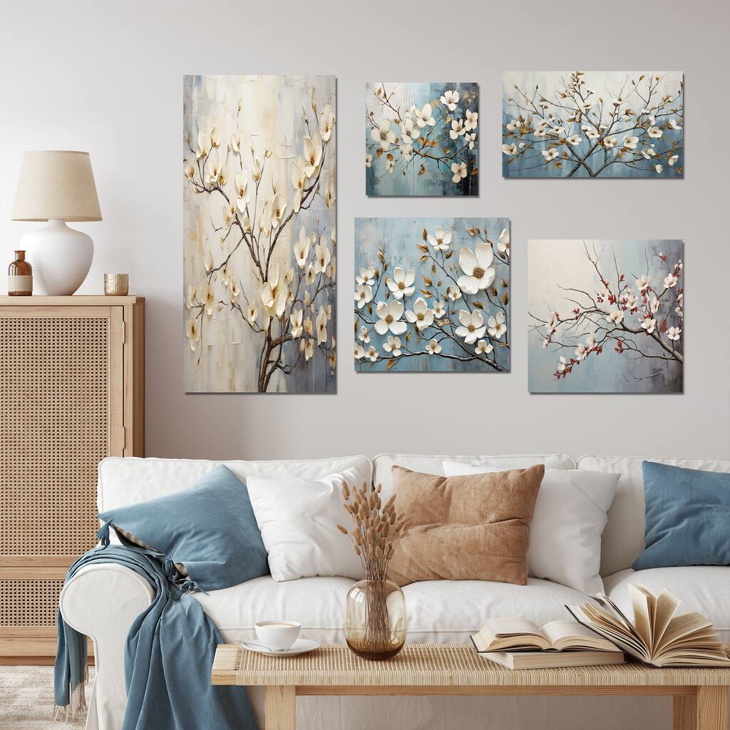 Designart "Peacefulness White Dogwood" Dogwood Wall Decor Collection Set of 5 - Traditional Wall Art Print Set