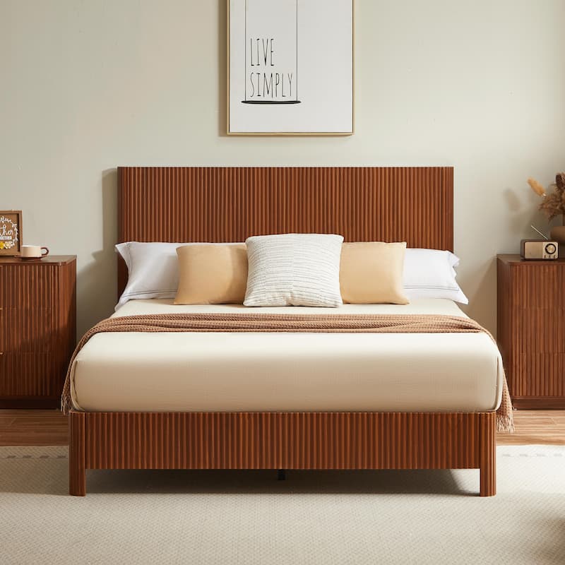 Queen Size Wooden Bed Frame with Corrugated Curved Lines - No Box Spring Needed - Walnut