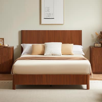Queen Size Wooden Bed Frame with Corrugated Curved Lines - No Box Spring Needed