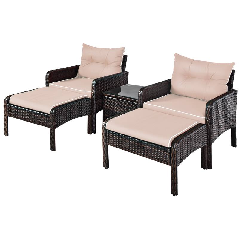 Costway 5 PCS Rattan Wicker Furniture Set Sofa Ottoman W/Brown Cushion