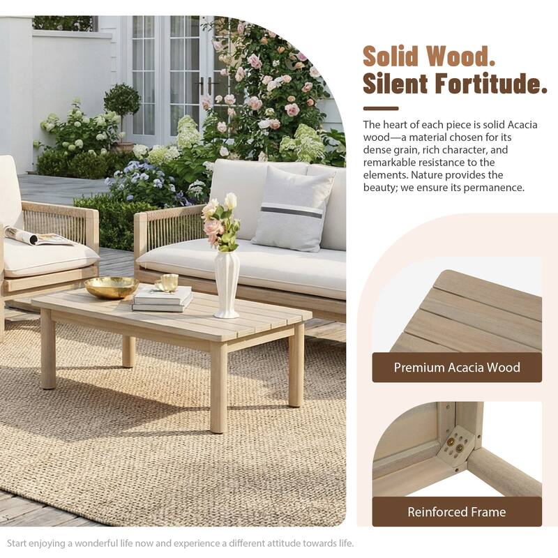 Outdoor 4-Piece Conversation Set Acacia Wood Patio 3-Seater Sofa Set Rope Weave Arm Chair with Coffee Table Weather Resistant