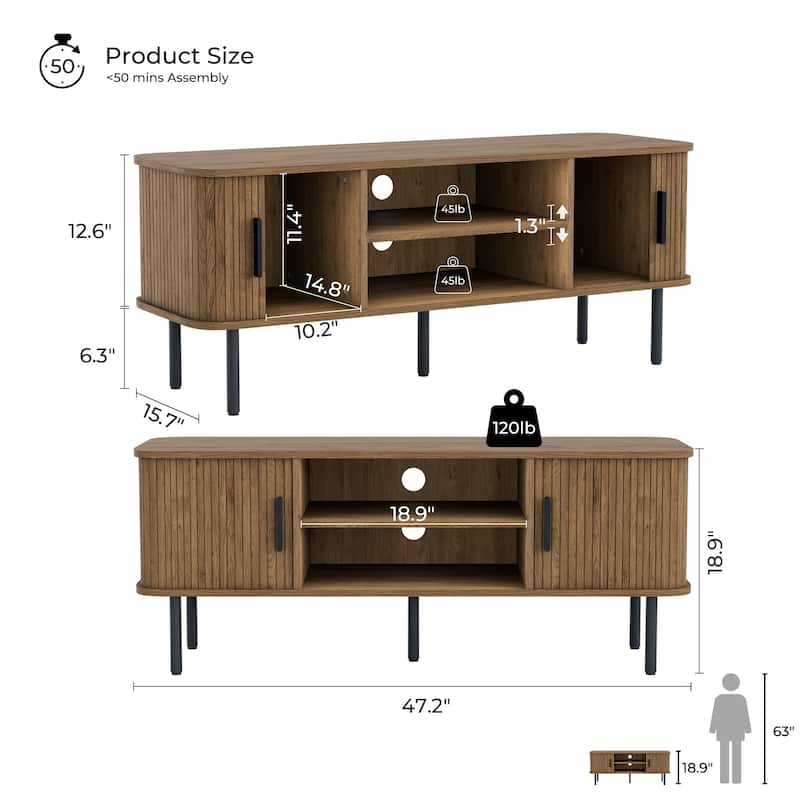 Mid-Century Modern Media Console, Tambour TV Stand with Storage Cabinet and Shelf