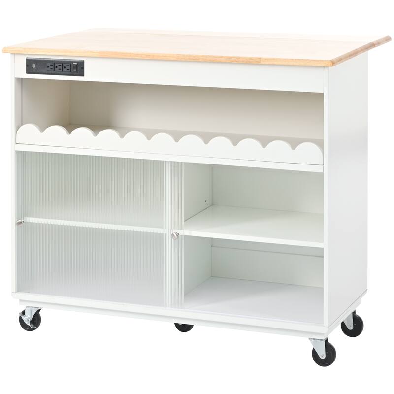 44 in. W Kitchen Island Rubberwood Drop-Leaf Countertop on 5 Wheels with Open Shelf and Wine Rack - 44''