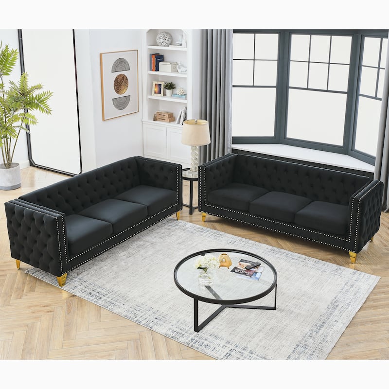 Roomfitters 5-Seater Velvet Sofa Set, 3+2 Chesterfield Square-Arm Tufted Couches with Nailhead Trim and Gold Legs