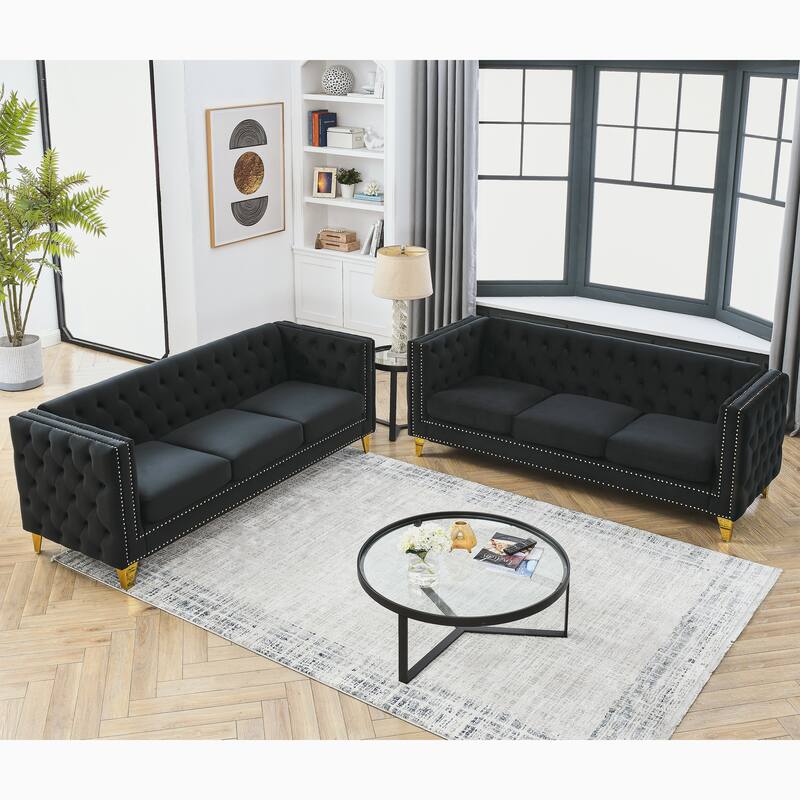 Velvet Chesterfield Sofa Set for Living Room, 3+3 Beige Sofa with Button Tufting, Square Arms, and Metal Legs