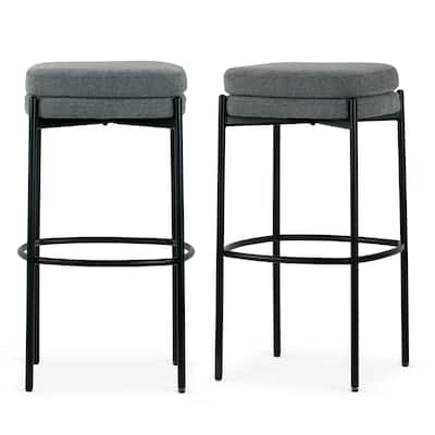 Set of 2 Avril Gray Boucle Backless Bar Stool with Black Metal Legs