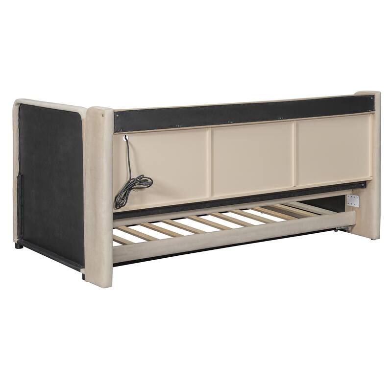 Velvet Upholstered Twin Daybed with Trundle, Storage Shelves & USB Charging (Beige)