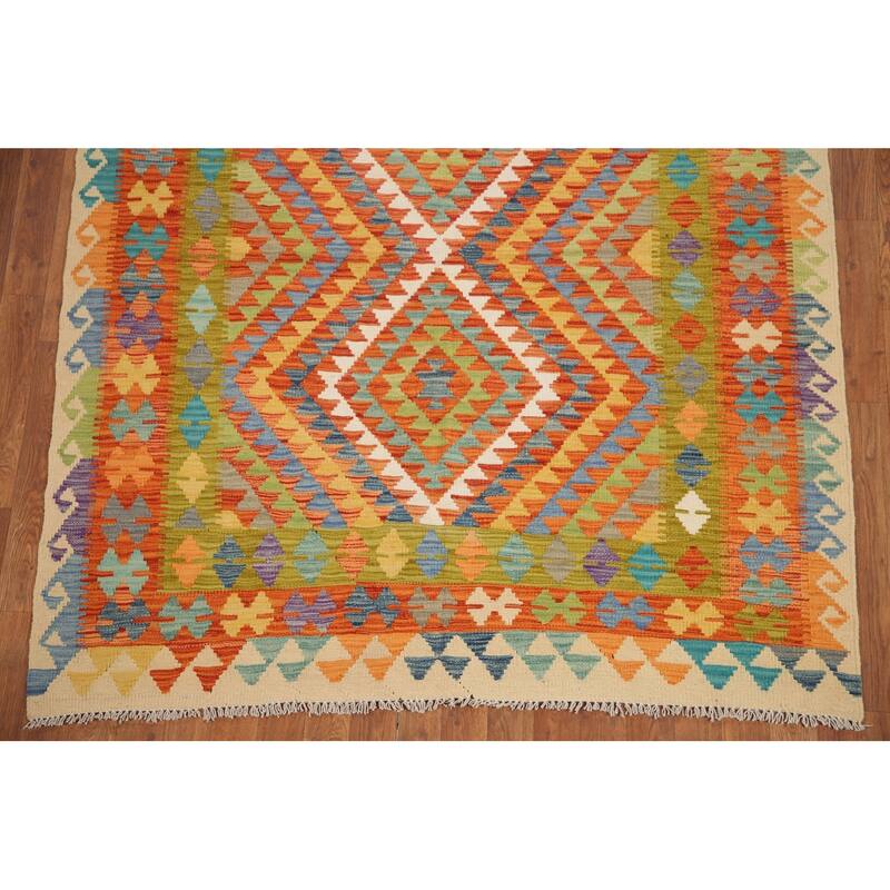 Hand Woven Oriental 100% Wool Carpet Southwestern Geometric Multi-Colored Kilim Area Rug - 6' 1'' X 5' 0''