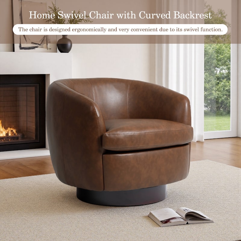Leather Upholstered Swivel Barrel Accent Chair With Wood Base