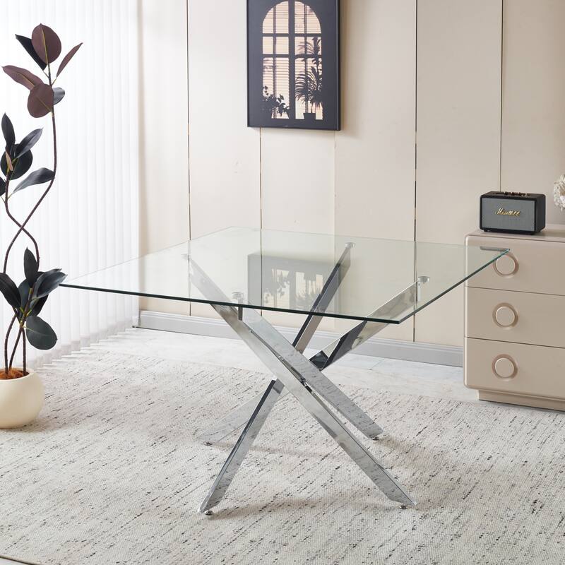 Chrome Dining Table with cross metal leg and glass,Modern Space Saving Kitchen Table for Living Room,120x120x75cm square glass