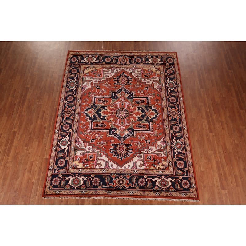 Geometric Heriz Serapi Indian Area Rug Hand-Knotted Wool Carpet - 8'0" X 10'4"