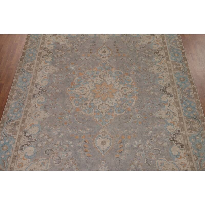 Hand Knotted Oriental 100% Wool Carpet Traditional Floral Greys & Charcoal Tabriz Area Rug - 12' 11'' X 9' 5''