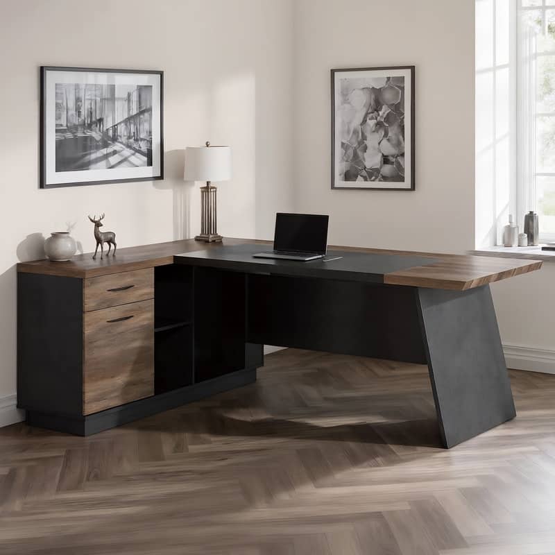 Spruce & Spring Industrial Modern Office Desk with Storage Drawers - Brown and Black