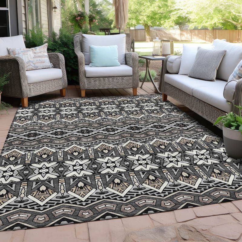 Machine Washable Indoor/ Outdoor Chantille Mosaic Global Rug - Charcoal - 10' x 14'
