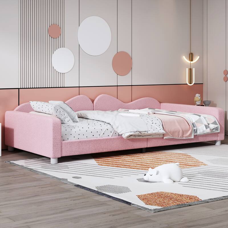 Upholstered Daybed, Sherpa Fabric Sofabed with Cloud-Shaped Backrest