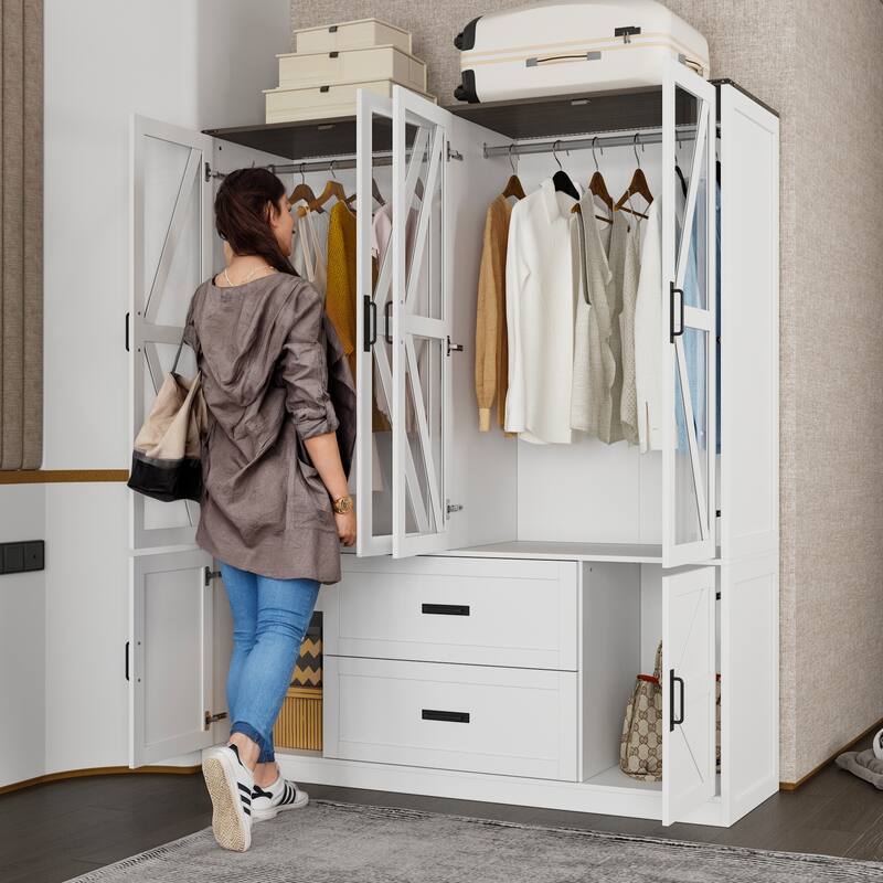 Wardrobe Closet with Glass Doors, 6 Cabinets, 2 Drawers & LED Hanging Rods Bedroom Armoire Storage Organizer