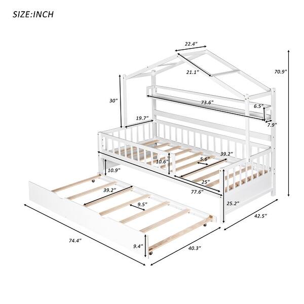 Twin House Bed with Trundle and Storage Shelves for Kids, Wooden Frame with Roof Design and Play Area
