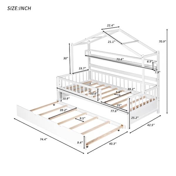 dimension image slide 1 of 4, Wood Slat Support Roof House Bed Frame with Pull-out Trundle Bed, Side 2 Shelves Storage Platform Bed, Kids Panel Bed