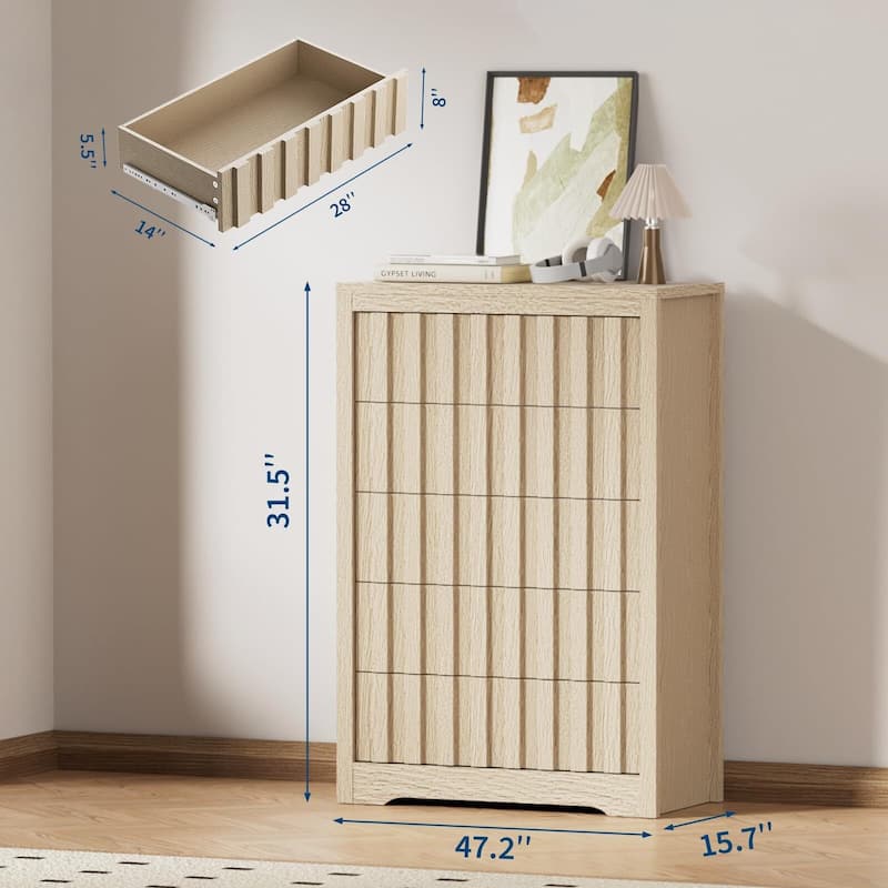 5 Drawers Fluted Dresser, with Handleless