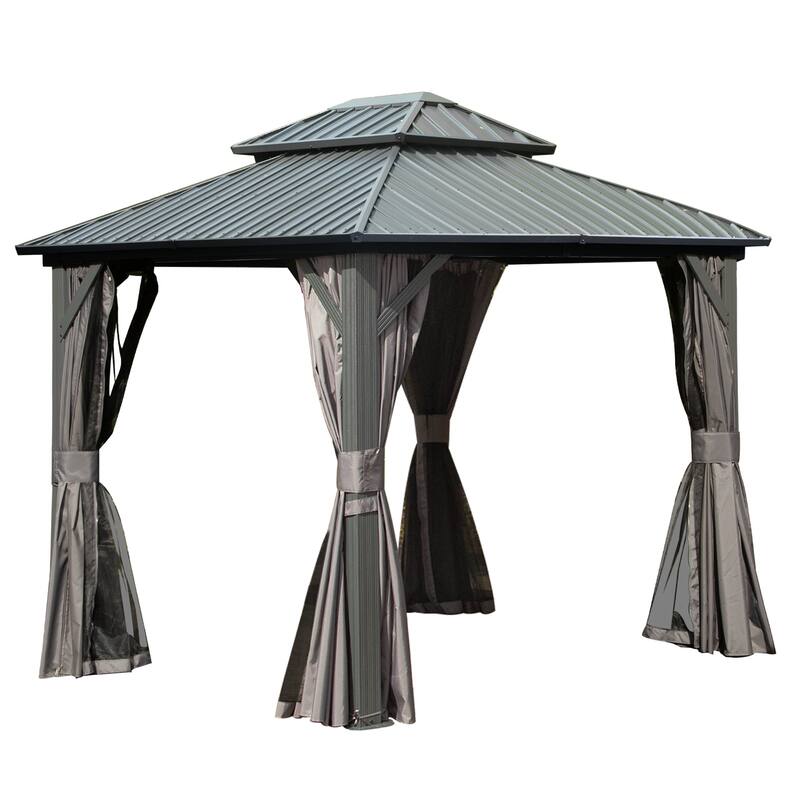 8' x 10' Permanent Metal Gazebo with Double Roof, Curtains, and Netting for Outdoor Gatherings - Grey