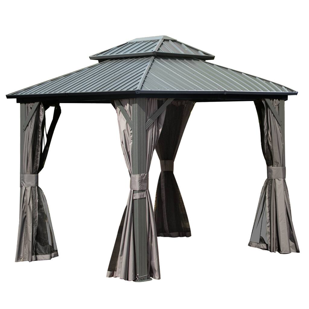 8' x 10' Permanent Metal Gazebo with Double Roof, Curtains, and Netting for Outdoor Gatherings