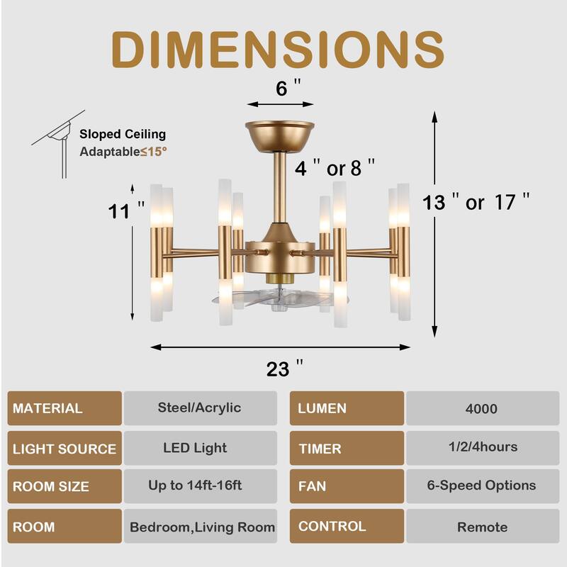 CurveCurio 24" Dark Gold Modern Ceiling Fan w 8 Lights, Chandelier Fan Light Quiet DC Motor 6 Speed Options w remote control