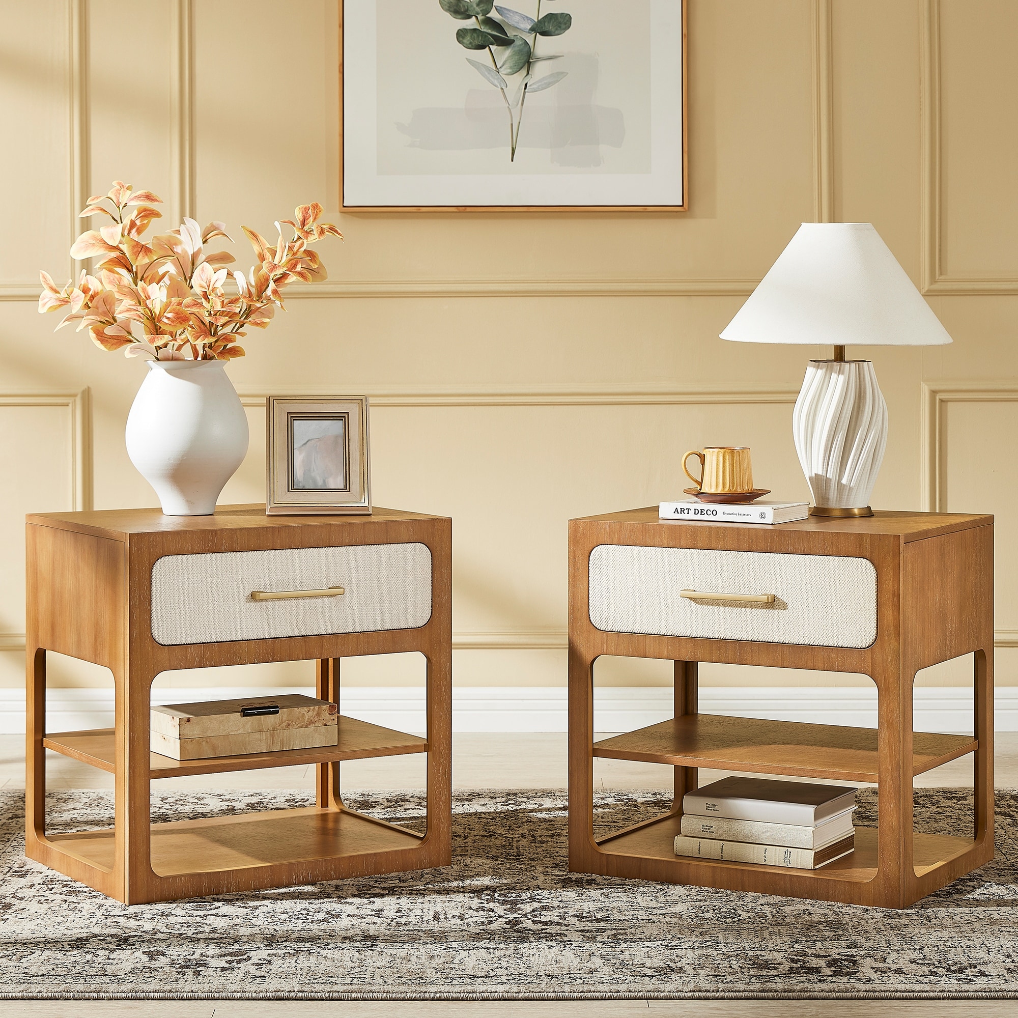 18" Modern Nightstand with Textured Fabric Drawer and 2-Tier Open Shelves