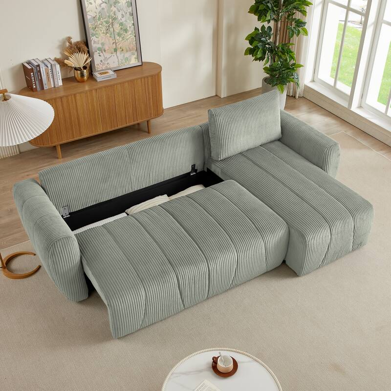Grey 105.2" Corduroy L-Shaped Convertible Sleeper Sectional Sofa with Storage