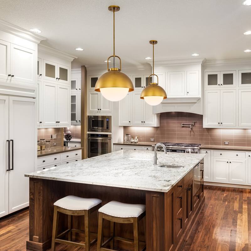 1-Light Gold Finish Modern Pendant Light Fixture with Opal Glass Shade for Dining Room or Kitchen Island