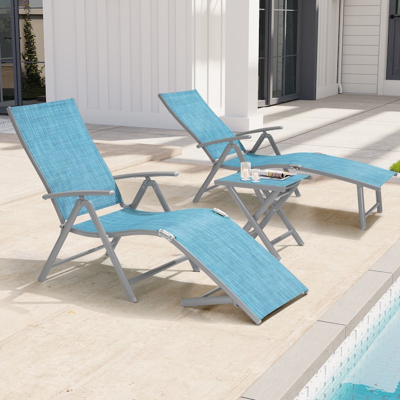 3-Pieces Outdoor Chaise Lounge Set Aluminum Adjustable Foldable Chaise Lounge Chairs and Side Table