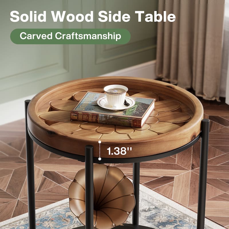 Solid Wood Side Table, 2-Tier Round End Table with Unique Patterns, Tray Top