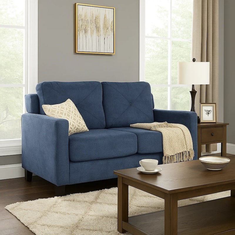 Royi Loveseat, Track Armrest, 58 Inch, Blue Fabric w Tufted Backrest