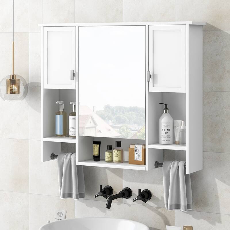GDFStudio - Auburn Modern Wall-Mounted Bathroom Storage Cabinet with Mirror and Towels Bar - 35'' x 28''