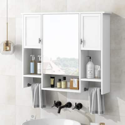 Mounted Bathroom Storage Cabinet, Medicine Cabinet with Towels Bar, Bathroom Medicine Cabinet with Mirror Door & Open Shelf