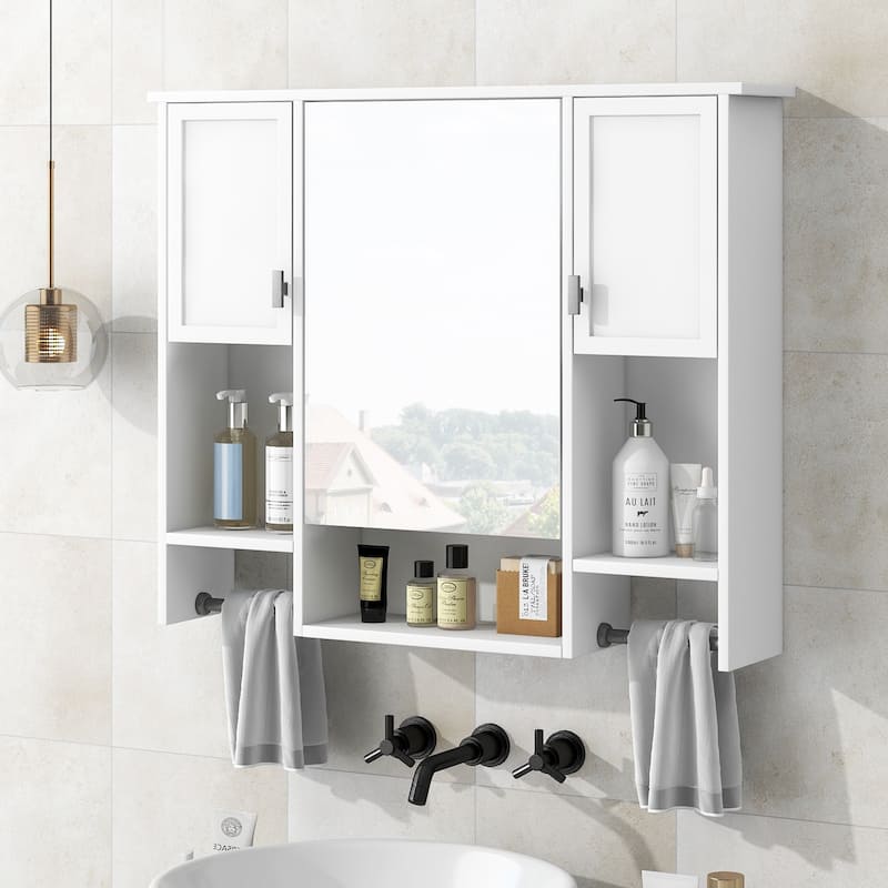 Over the Toilet Medicine Cabinet Wall Cabinet for Bathroom with Mirrored Cabinet, Side Cabinets, Open Shelves and Towel Racks