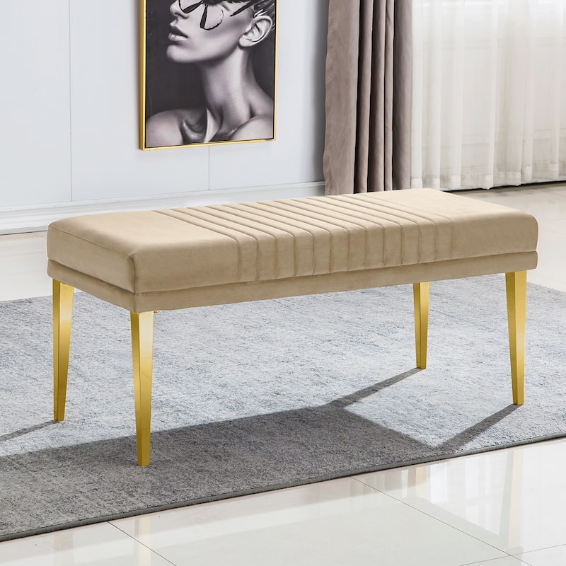 Modern Luxury Upholstered Bench Dining Room Channel Ottoman with Gold Stainless Steel Legs