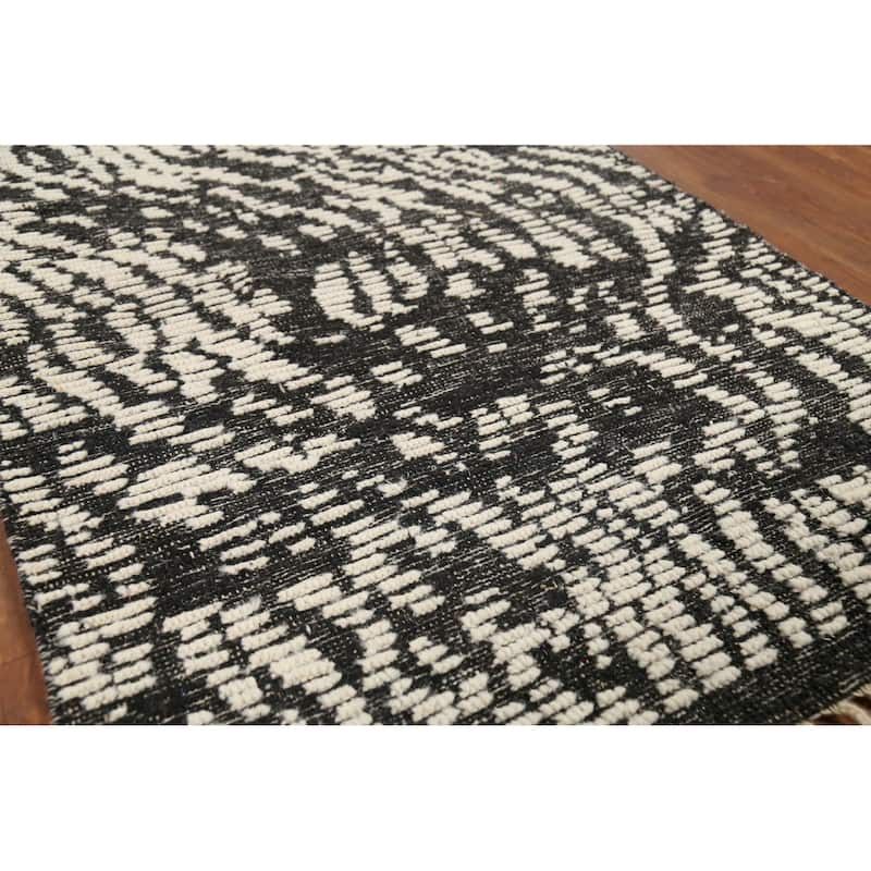 Black & White Moroccan Abstract Rug Hand-Knotted Wool Carpet - 3'0"x 4'11"