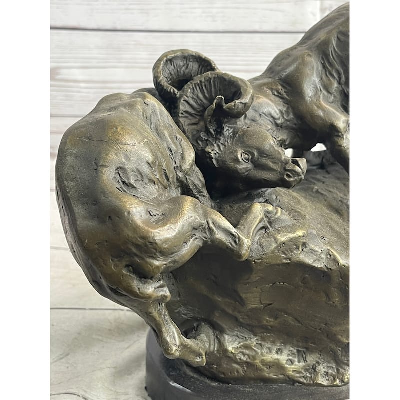 Two Rams Butting Heads Bronze Sculpture Statue Signed Art On Marble Base
