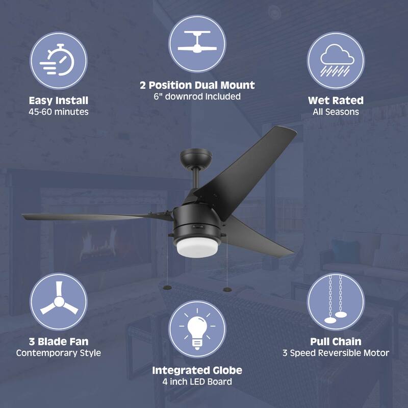 56" Prominence Home Teo Wet Rated Outdoor LED Ceiling Fan with Light, Pull Chain, Dual Mounting, Weather Resistant Blades