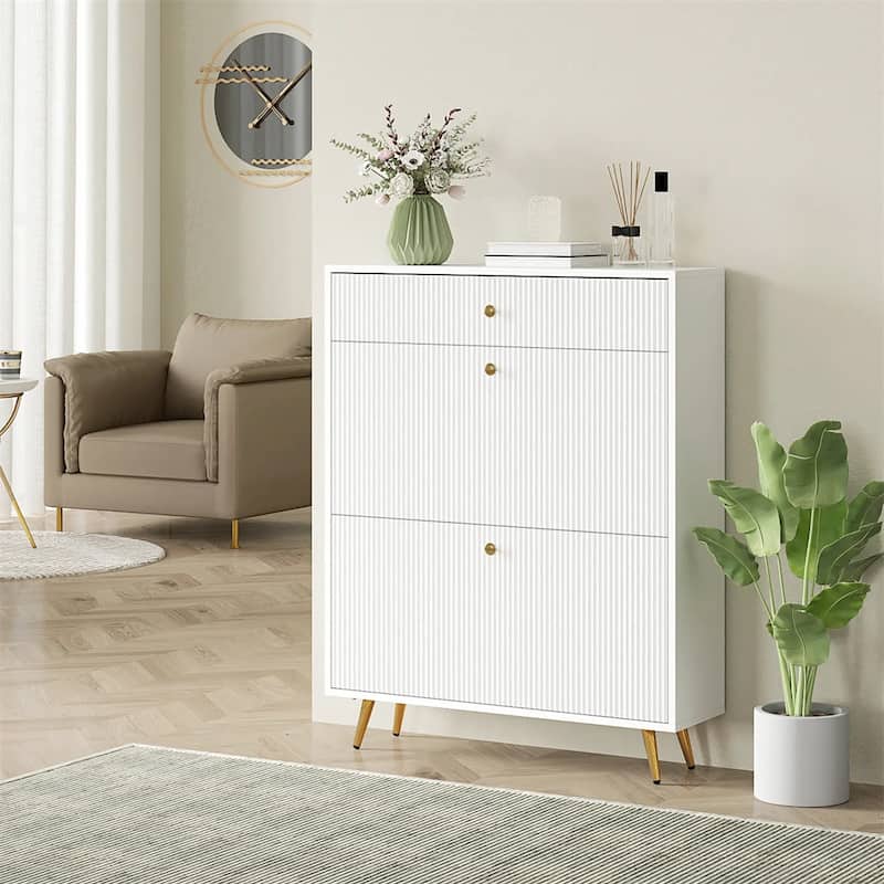 Modern Shoe Cabinet with Flip Storage Drawers and Gold Handles Adjustable Shelves for 12 Pairs - 31.5" W x 9.4" D x 40" H