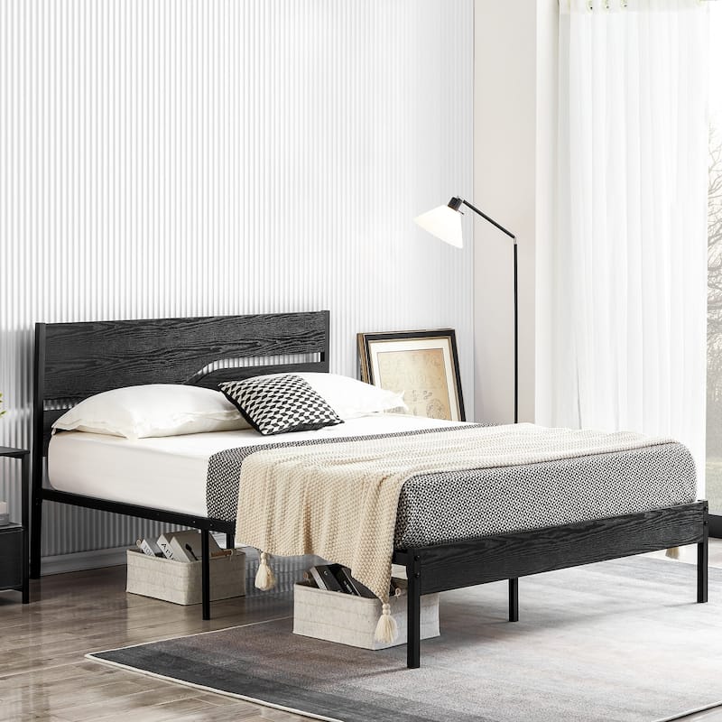 VECELO Beds Industrial Platform Bed Frame with Wood Headboard,Easy Set up