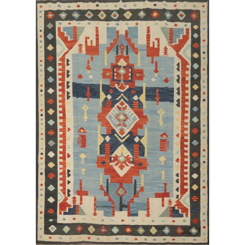 Hand Woven Southwestern Wool Blue Geometric Area Rug - 9' 9'' X 7' 7''