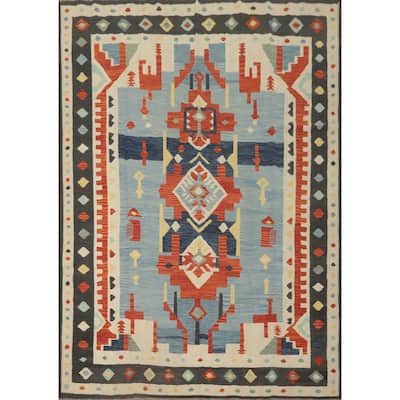 Hand Woven Southwestern Wool Blue Geometric Area Rug - 9' 9'' X 7' 7''