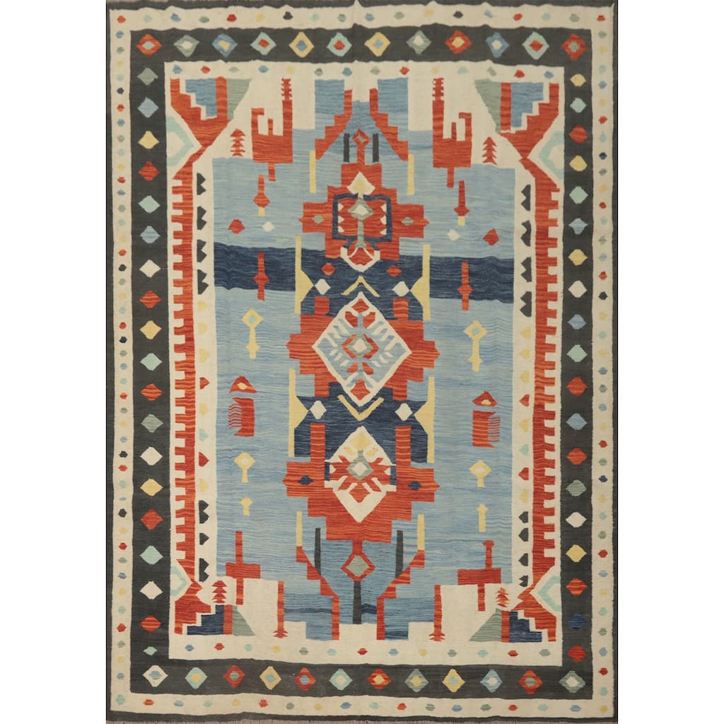 Hand Woven Southwestern Wool Blue Geometric Area Rug - 9' 9'' X 7' 7''