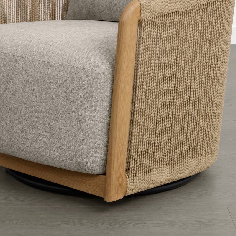 Spruce & Spring Boho Braid Swivel Accent Chair with Woven Paper Rope Armrests&Wood-Look Metal Frame