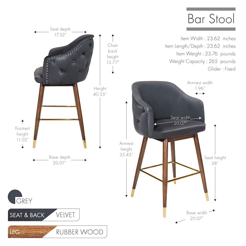 Porthos Home Orla Velvet Upholstered Bar Stools with Rubberwood Legs, Set of 2