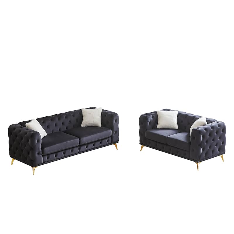 2+3 Seater Chesterfield Sofa Set, Velvet Loveseat & Deep Seat Lounge Couch with Tufted Design and Removable Cushions