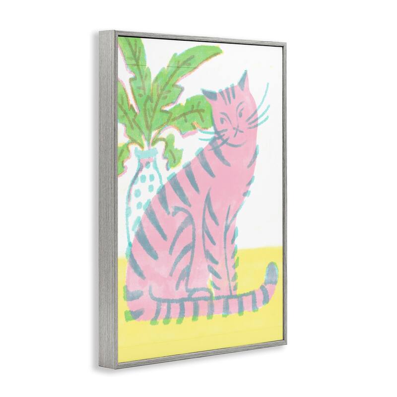 Stupell Modern Pink Cat & Plant Framed Giclee Art Design By Hannah Moren