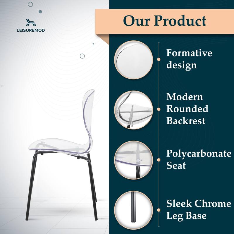 Oyster Modern Stackable Dining Chair (Set of 4) Clear Acrylic Seat with Powder-Coated Black Stainless Steel Legs