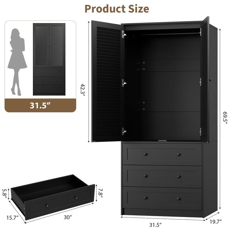 69.5" Wooden Armoire Wardrobe Closet with Louvered Doors, Drawers & Hanging Rod, Natural Finish Storage Cabinet